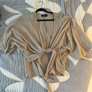 AKIRA Kimono Wrap Tie-Front Sweater in Tan
